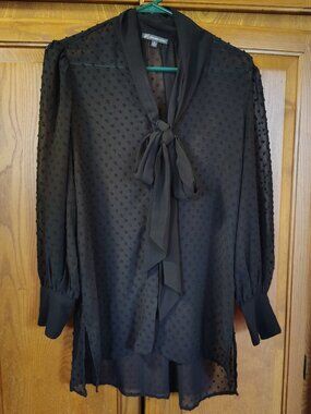 Adrianna Papell Sheer Black Swiss Dot Grannycore V Neck Bow Bohemian Top M